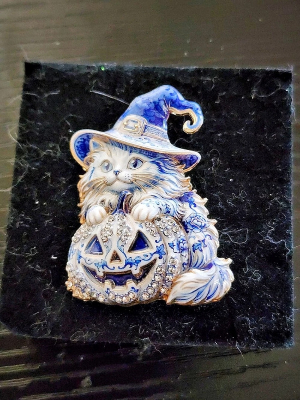 Cat Witch Brooch in Blue & White
